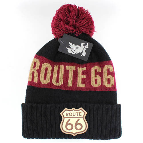 WB687 ROUTE 66 , POM BEANIE - BLACK(BURGUNDY)