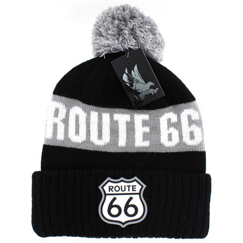 WB687 ROUTE 66 , POM BEANIE - BLACK(GREY)