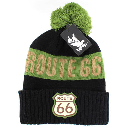 WB687 ROUTE 66 , POM BEANIE - BLACK(OLIVE)