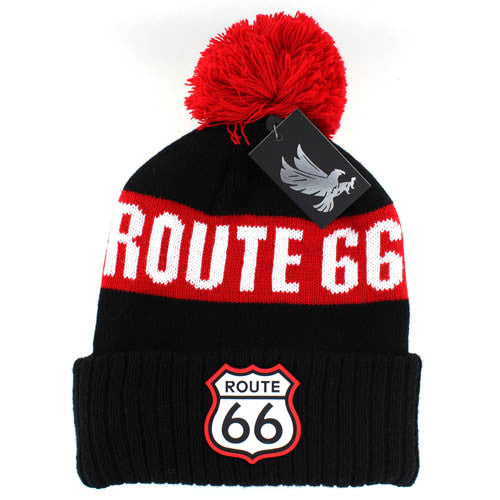 WB687 ROUTE 66 , POM BEANIE - BLACK(RED)